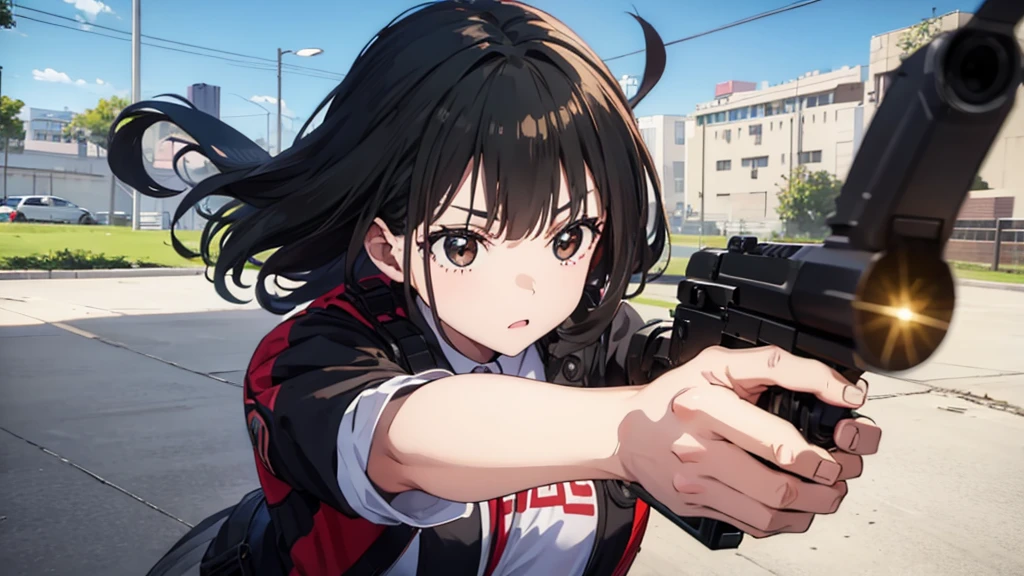 Girl having a gunfight。Black Hair。