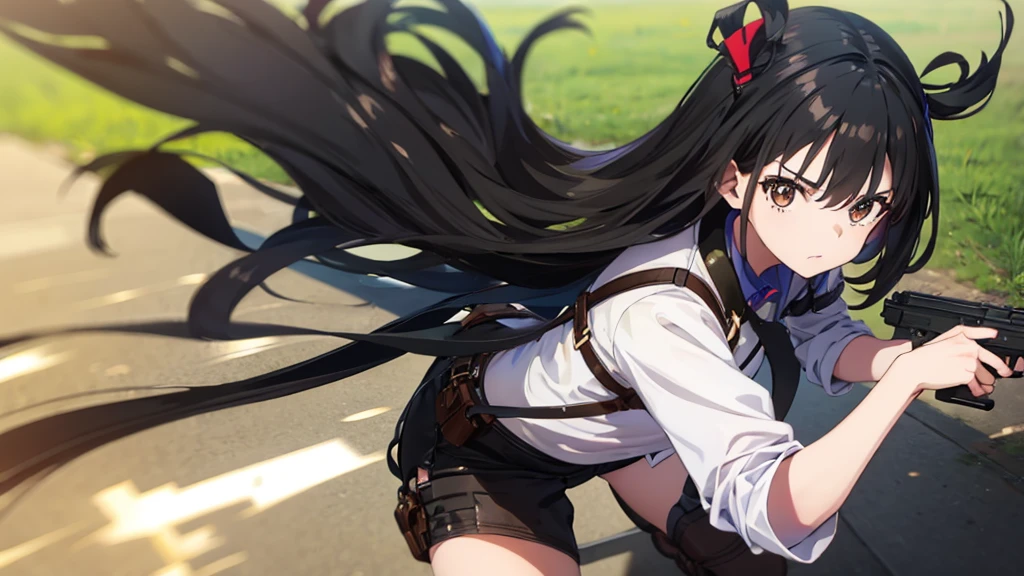 Girl having a gunfight。Black Hair。