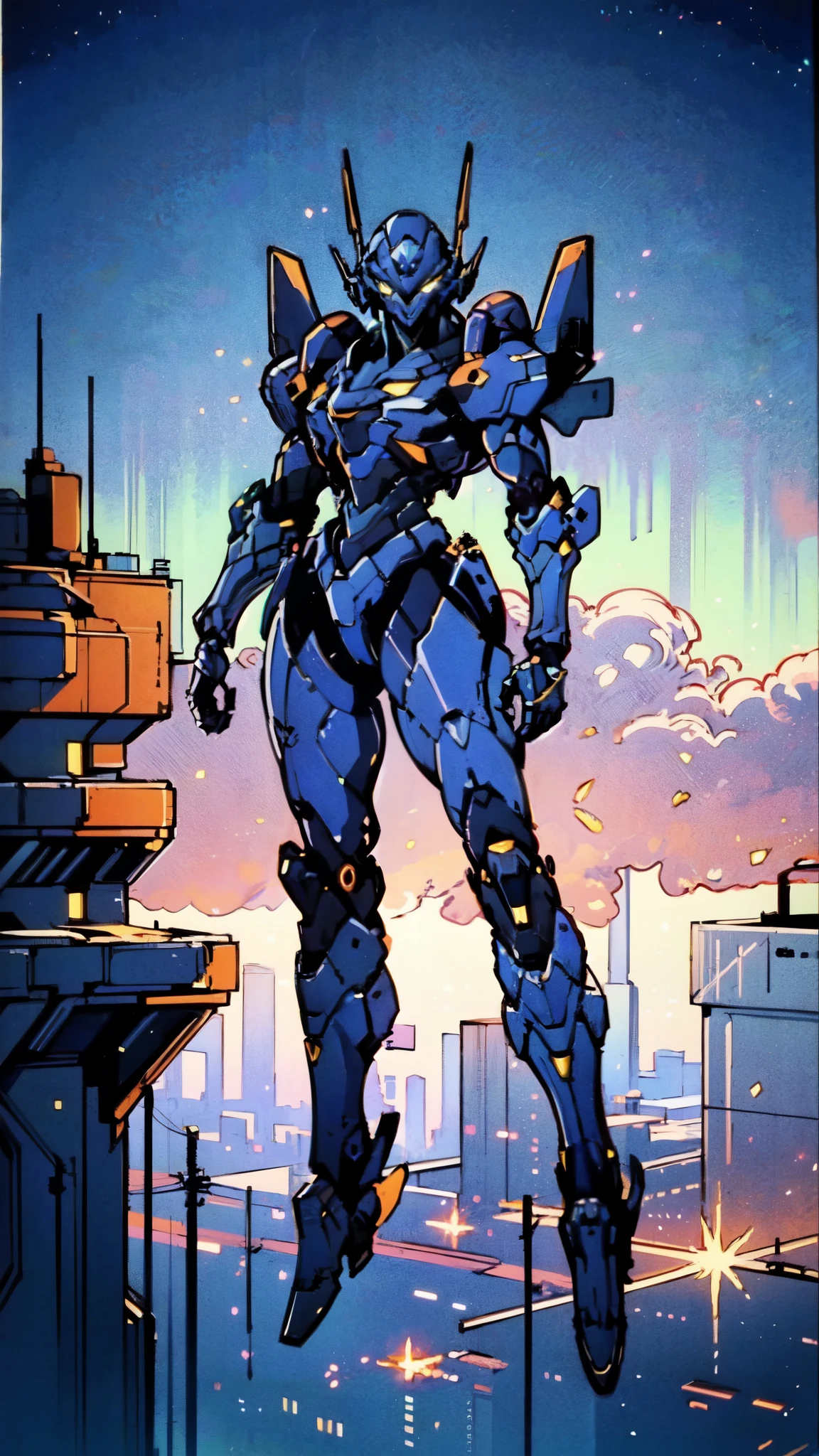 (masterpiece:1.5, best quality:1.5, extremely delicate:1.5), humanoid Mecha, fully enclosed shoulder guards, matching arm and leg guards, full body, full armor, the design balances heavy with agility, (the color scheme is primarily white with red and blue accents, the concept Inspired by Super robot, organic biotech armor, standing, floating high above the futuristic sci-fi city), exquisite and mature art style, (aura effect, energy, glowing eyes, the armor glows), metallic, dramatic, high definition, highres, ultra-detailed, ultra-fine painting, professional, perfect body proportions, anatomically correct, symmetrical face, extremely detailed eyes and face, high quality eyes, creativity, RAW photo, UHD, 32k, Natural light, cinematic lighting, masterpiece-anatomy-perfect