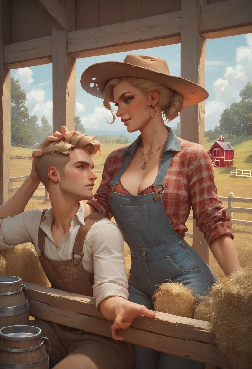 check_9, check_8_up, check_7_up, 1 girl, 1 boy, Gorgeous body, Naughty milkmaid has fun with her boyfriend on a cattle farm, hugs him with her legs, friendly sex in uniform