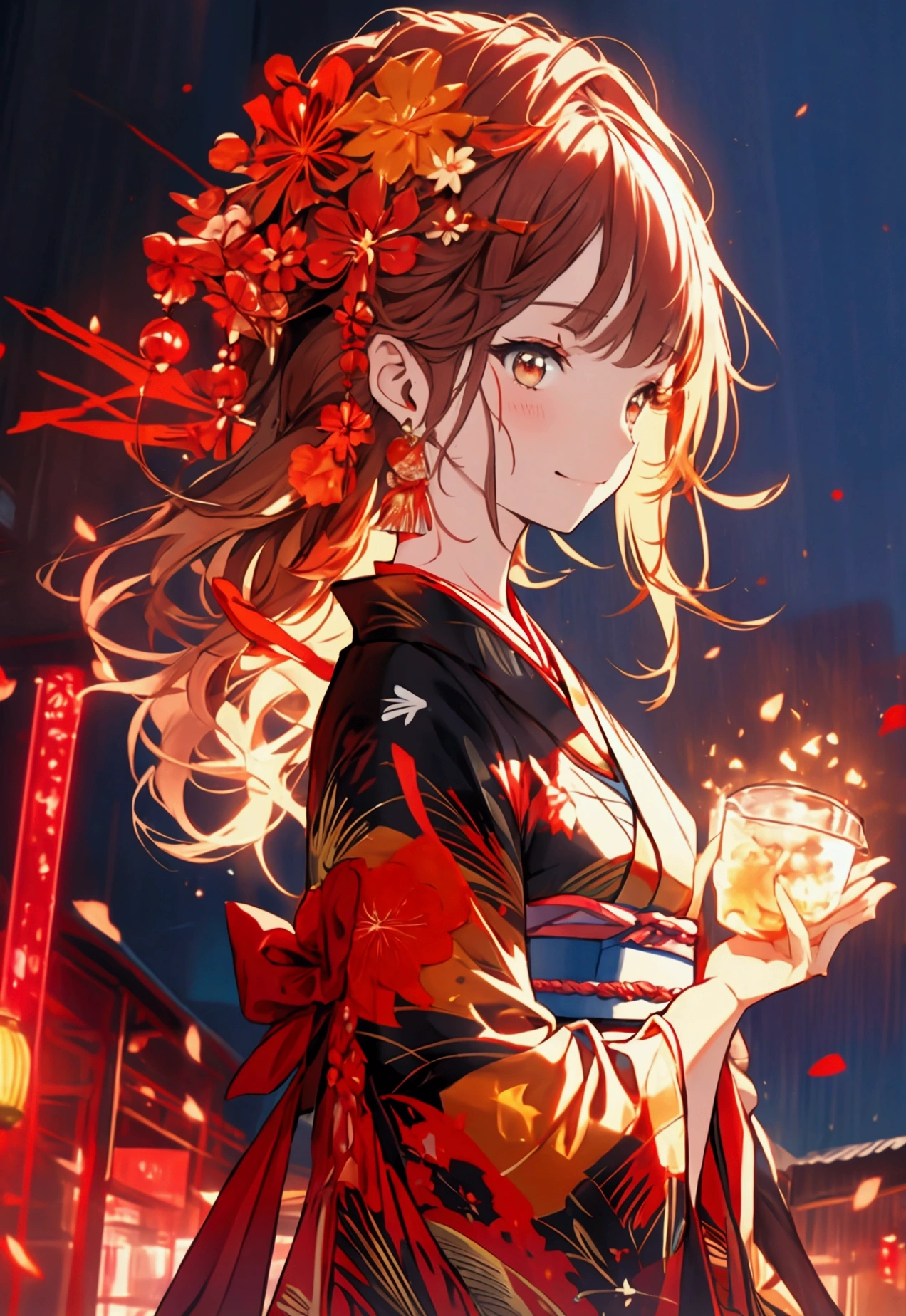 Character Design:

	•	Hair: Fiery red and orange gradient, appearing to flicker like flames in the light of the summer festival.
	•	Clothing: Modern-style yukata with flame motifs, incorporating red, orange, and gold hues.
	•	Accessories: Floral hairpieces and a fan matching the yukata, holding a bag with a goldfish caught at the festival.

Summer Festival Scene:

	1.	Background:
	•	Stalls: Rows of food and game stalls illuminated by lanterns, with bustling activity around yakisoba, takoyaki, shaved ice, and other stalls.
	•	People: Various festival-goers in yukata, including families, couples, and friends, enjoying the summer festival.
	2.	Activities:
	•	Food: The phoenix woman enjoying a red shaved ice or a golden cotton candy, reflecting her fiery color palette.
	•	Games: Participating in activities like shooting games or yo-yo fishing, focusing intently on the target or smiling as she catches a yo-yo.
	3.	Special Moments:
	•	Fireworks: A scene with fireworks lighting up the night sky, with the phoenix woman illuminated by the colorful bursts, creating a magical atmosphere.
	•	Dancing: Participating in traditional bon dance, her movements graceful and flowing like flames, blending tradition with her unique beauty.

Color Palette:

	•	Phoenix Woman: Dominantly red, orange, and gold.
	•	Background and Accessories: Colorful festival lanterns and stalls, with the night sky and fireworks adding additional vibrancy.

Concept:

	•	Capture the liveliness and joy of a summer festival while highlighting the phoenix woman’s mystical allure.
	•	Blend everyday festival scenes with the extraordinary beauty of the phoenix, creating a visually captivating moment.