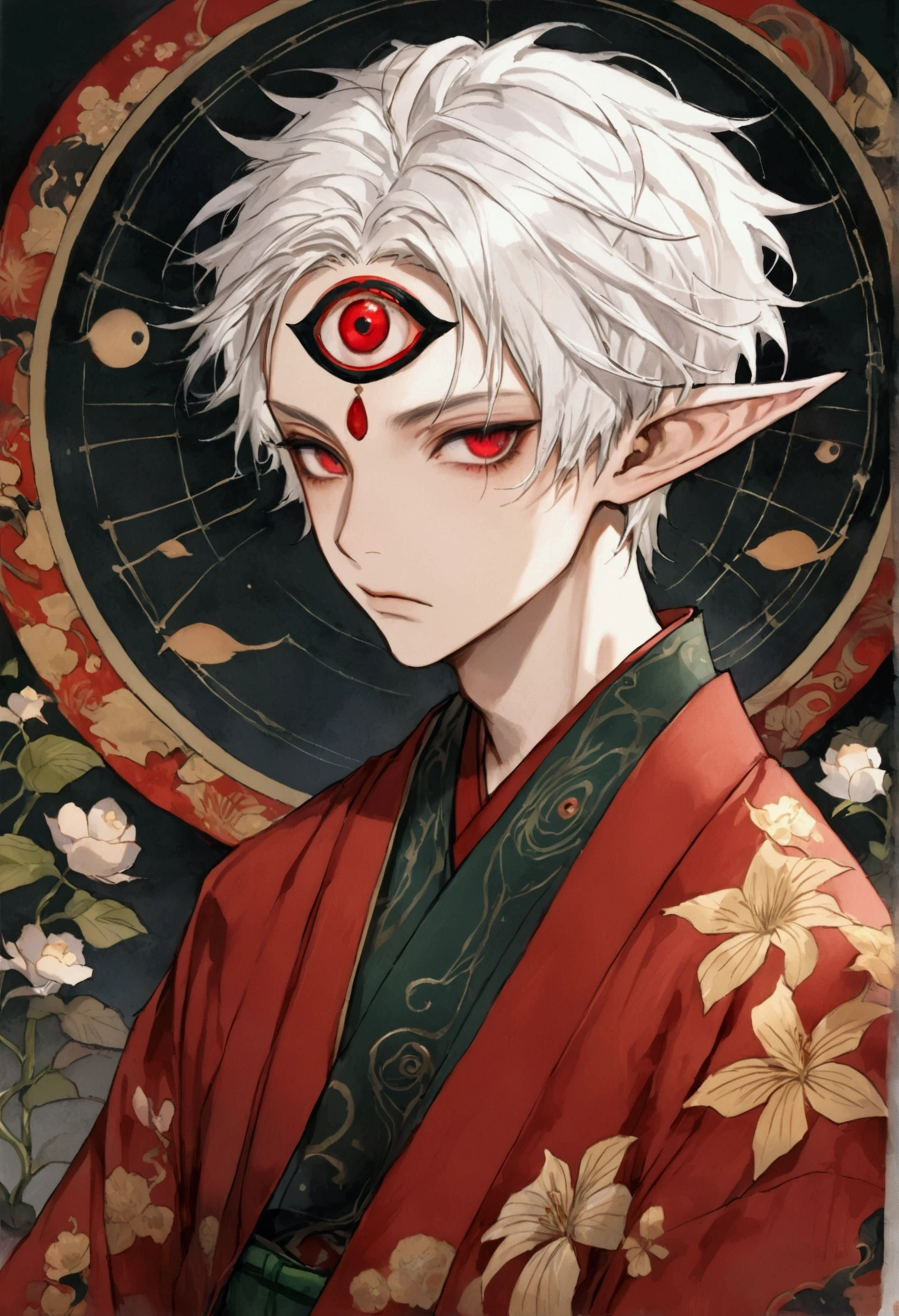 Japanese Anime，Gothic Art，(((1 Boy，solo，third eye on the forehead，Dark eyeshadow.Middle-parted white hair-super short hair，Elf ears))),(((Gorgeous Japanese red kimono：1.6，Eye Diagram，dark pattern))).(((Thin waist，Greenbelt：1.37)))