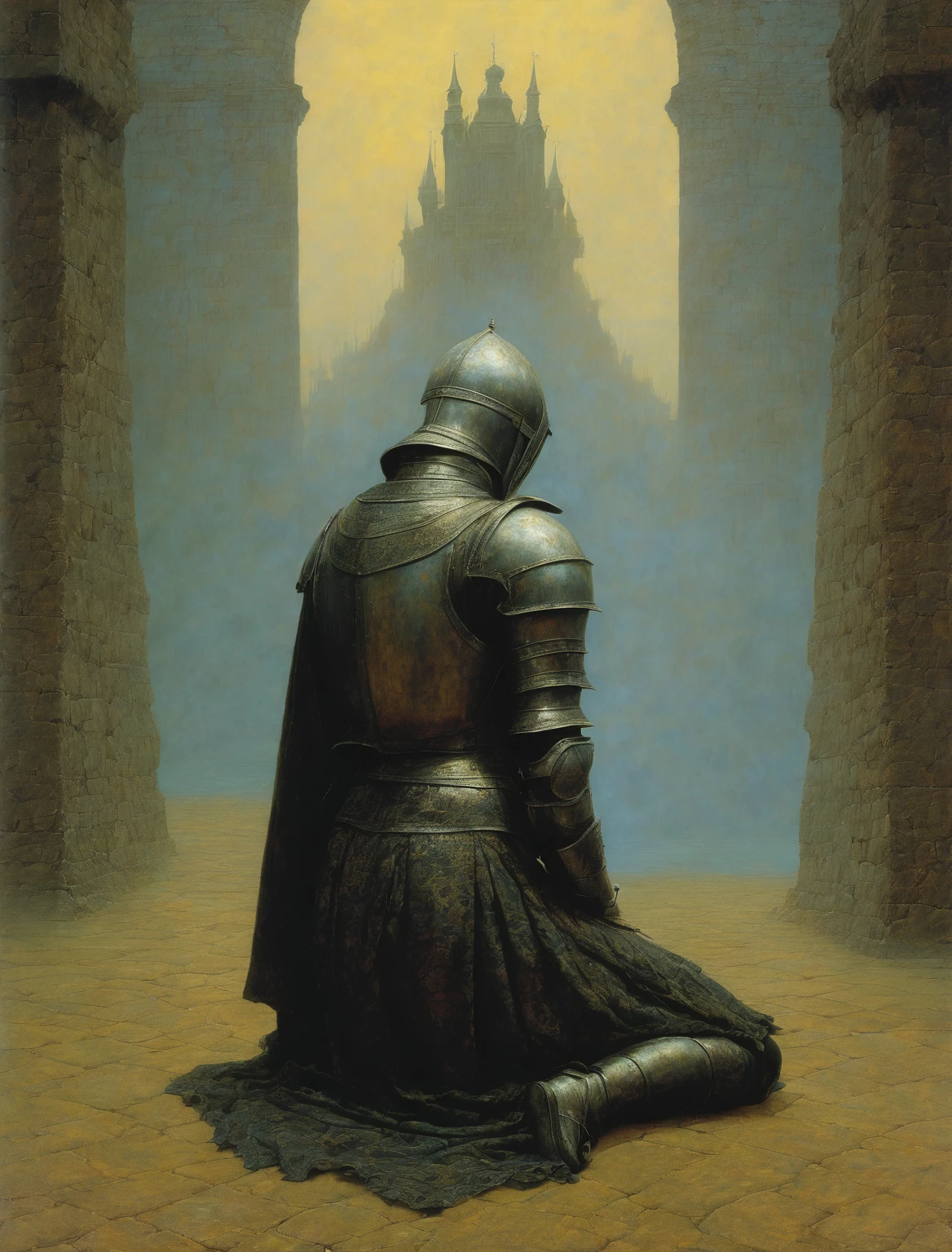 Armoured Knight, praying on his knees, gothic, renaissance, Zdzisław Beksiński