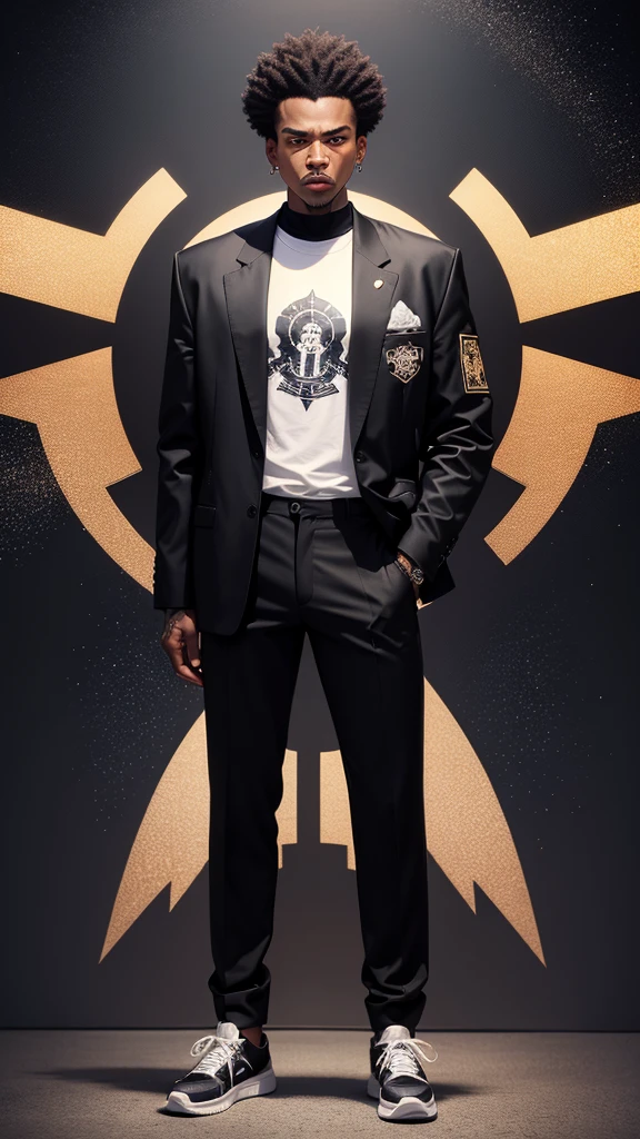 90s style gangster characterblack man, stylish black clothes, white sneakers, short afro hair, standing, full body, tattoo on the left arm, looking at the camera, celestial image background, angry sign in the background of the image, sparkles, high quality