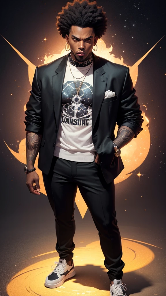 90s style gangster characterblack man, stylish black clothes, white sneakers, short afro hair, standing, full body, tattoo on the left arm, looking at the camera, celestial image background, angry sign in the background of the image, sparkles, high quality