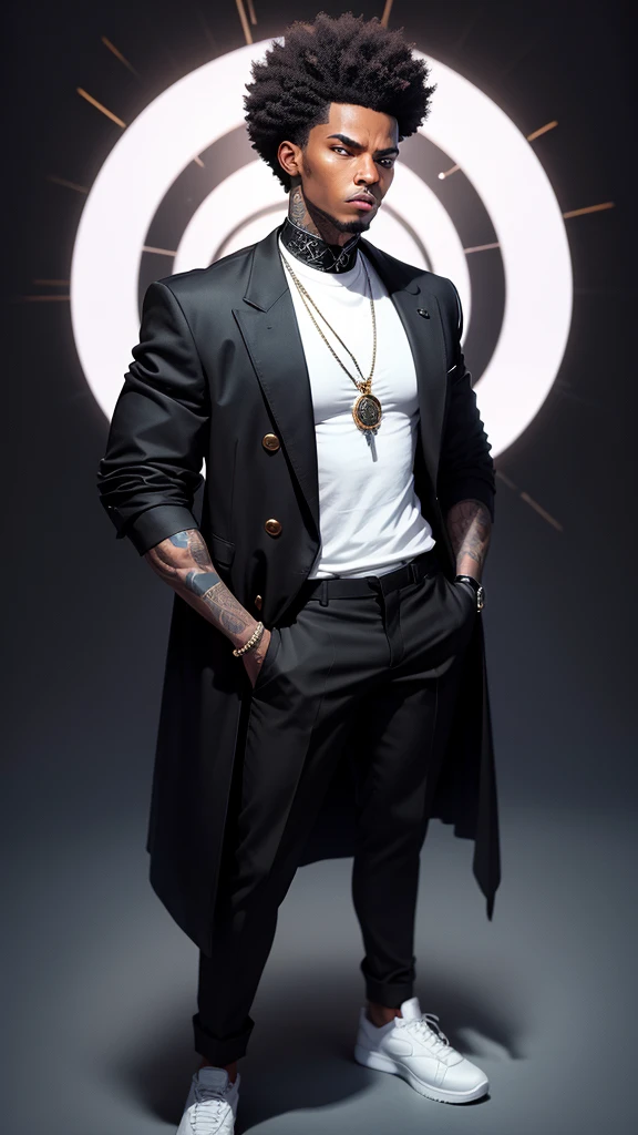 90s style gangster characterblack man, stylish black clothes, white sneakers, short afro hair, standing, full body, tattoo on the left arm, looking at the camera, celestial image background, angry sign in the background of the image, sparkles, high quality