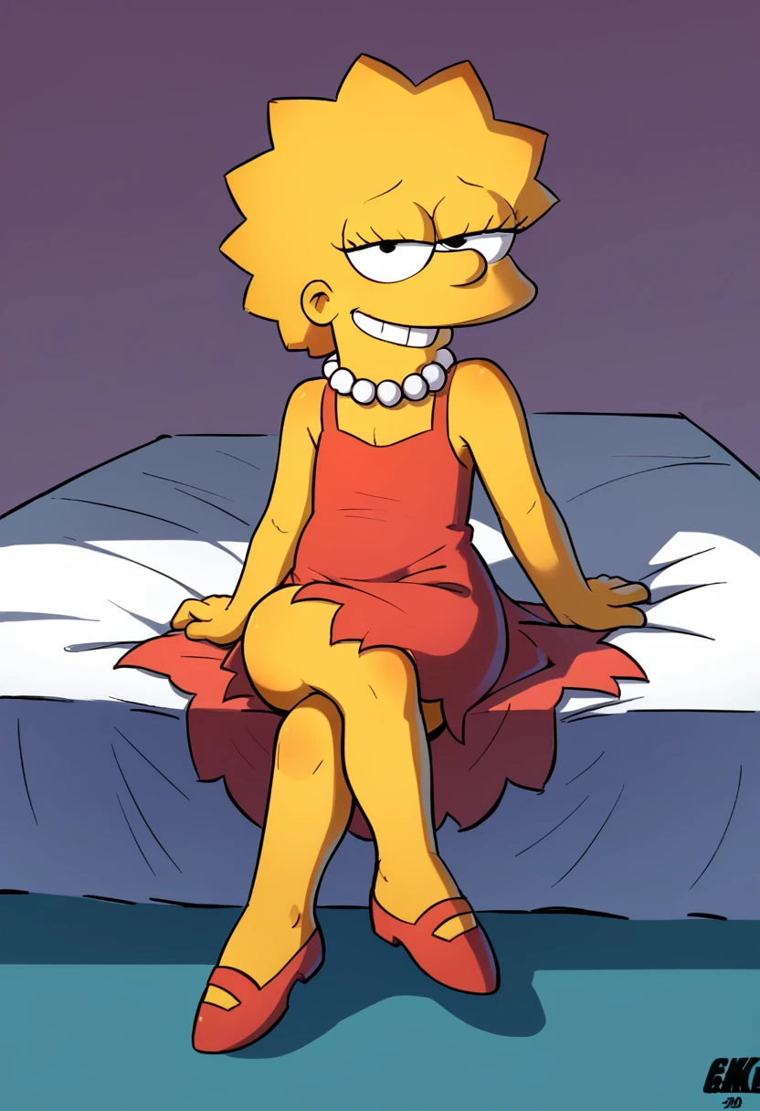 lisa simpson, sitting, crossed legs, smile, half-closed eyes, looking at viewer, bed, red dress, pearl necklacee