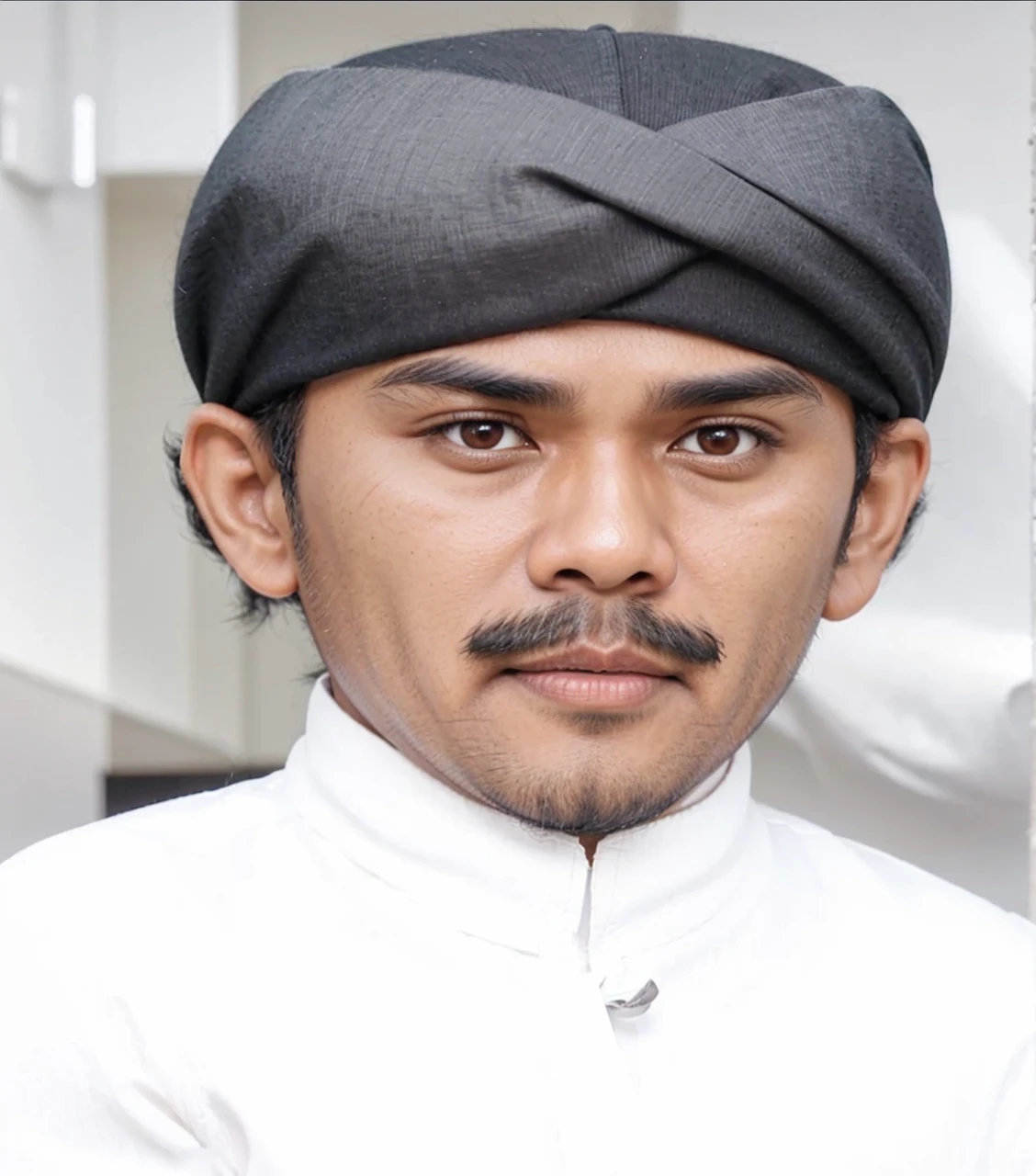 Indonesian Muslim man, 39 years old, natural brown skin, slightly wrinkled, wearing a black head covering, clean white Islamic clothes, thick slightly long eyebrows, slightly slanted eyes, not too high nose, closed mouth, oval face shape, has a mustache thin and beard, HD quality realistic images.