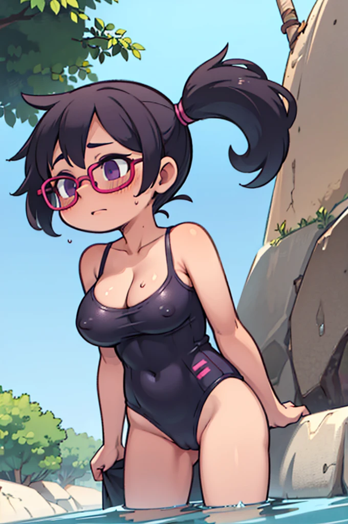 masterpiece,Big Breasts,beauty,Purple glasses.Black Hair,Side Ponytail,Pink Swimsuit,Shy,Wet