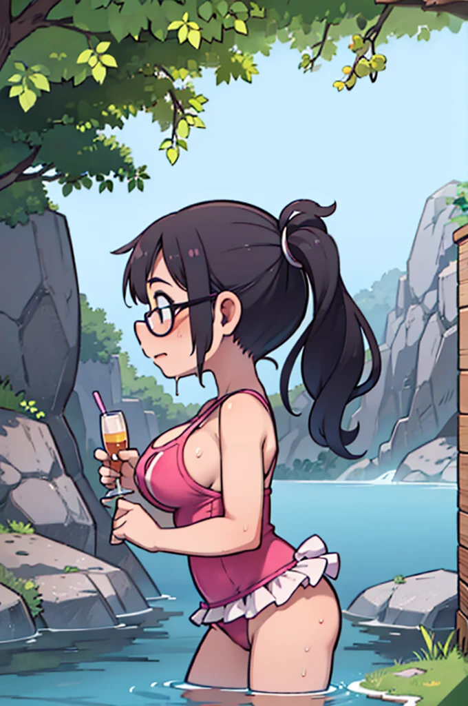 masterpiece,Big Breasts,beauty,Purple glasses.Black Hair,Side Ponytail,Pink Swimsuit,Shy,Wet