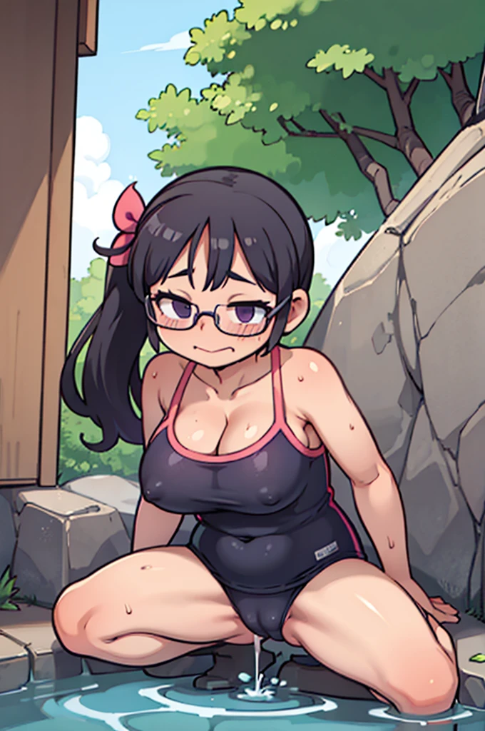 masterpiece,Big Breasts,beauty,Purple glasses.Black Hair,Side Ponytail,Pink Swimsuit,Shy,Wet