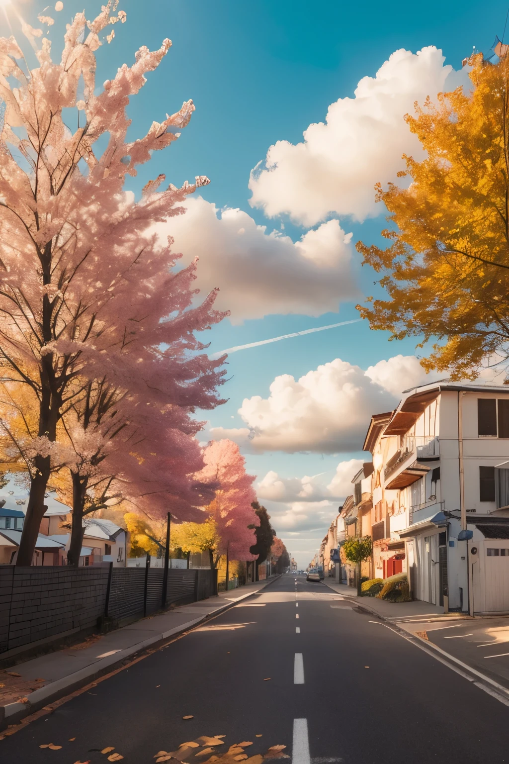 A street that starts in white clouds,like cotton flakes, In a blue sky,with autumn sun, light is soft. The road goes down to the earth,next to the blue and calm sea