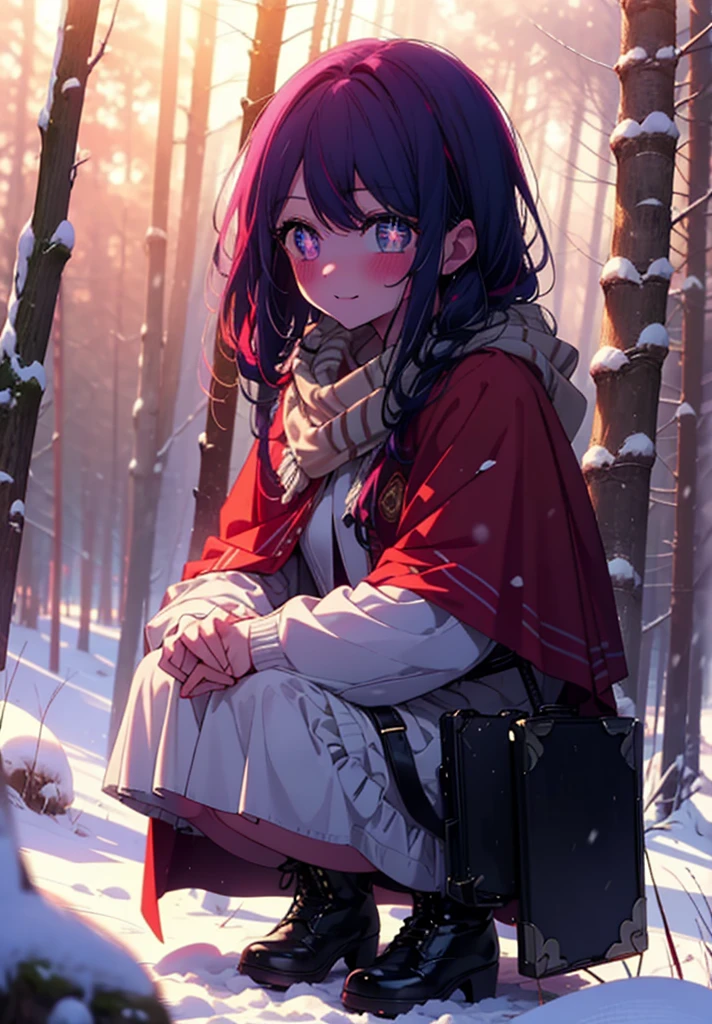 aihoshino, Ai Hoshino, Long Hair, bangs, (Purple eyes:1.1), Purple Hair, (Symbol-shaped pupil:1.5), smile,,smile,blush,white breath,
Open your mouth,snow,Ground bonfire, Outdoor, boots, snowing, From the side, wood, suitcase, Cape, Blurred, , forest, White handbag, nature, Squat, Mouth closed, Cape, winter, Written boundary depth, Black shoes, red Cape break looking at viewer, Upper Body, whole body, break Outdoor, forest, nature, break (masterpiece:1.2), Highest quality, High resolution, unity 8k wallpaper, (shape:0.8), (Beautiful and beautiful eyes:1.6), Highly detailed face, Perfect lighting, Extremely detailed CG, (Perfect hands, Perfect Anatomy),