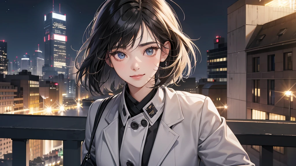 perfect anatomy:1.2)(absurdres, highres, ultra detailed),masterpiece,best quality,high resolution,8k,Realistic face,Realistic skin texture,magnified textures, stunning clarity,detailed anime girl,(ultra detailed eyes and face),(1 girl:1.2)21years old,she is office worker,,smile:1.2,black hair, bob cut,natural make,grey jacket,grey pants,black brouse,sparkling eyes.small nose,roundface,just left the office when it was time to leave,night,bussines district,she is walking,looks happy,feeling freedom