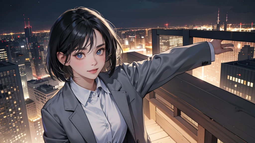 perfect anatomy:1.2)(absurdres, highres, ultra detailed),masterpiece,best quality,high resolution,8k,Realistic face,Realistic skin texture,magnified textures, stunning clarity,detailed anime girl,(ultra detailed eyes and face),(1 girl:1.2)21years old,she is office worker,,smile:1.2,black hair, bob cut,natural make,grey jacket,grey pants,black brouse,sparkling eyes.small nose,roundface,just left the office when it was time to leave,night,bussines district,she is walking,looks happy,feeling freedom
