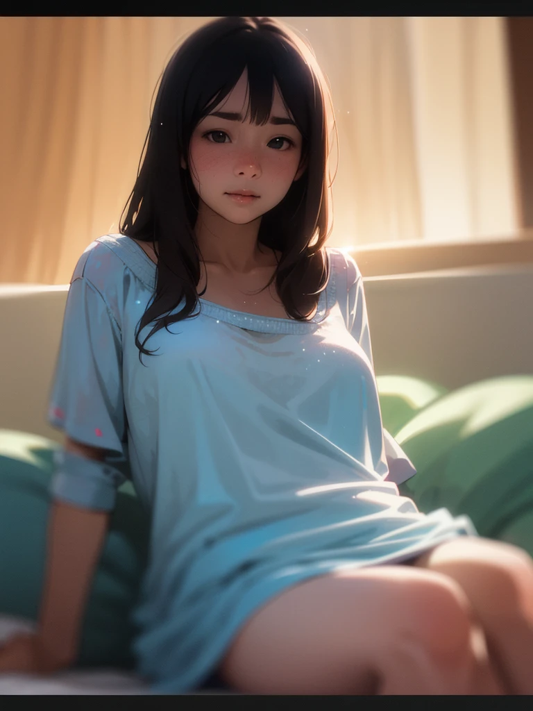 (Sumilux f1.4 24mm , low Latitude old color negative film , cross process , bokeh, flare, chromatic aberration , soft focus, (Shallow focus) , soft glow , Maximum aperture, High Key , Transparent depiction) , A holiday with no events, boring, just lounging around at home, woman , clothed