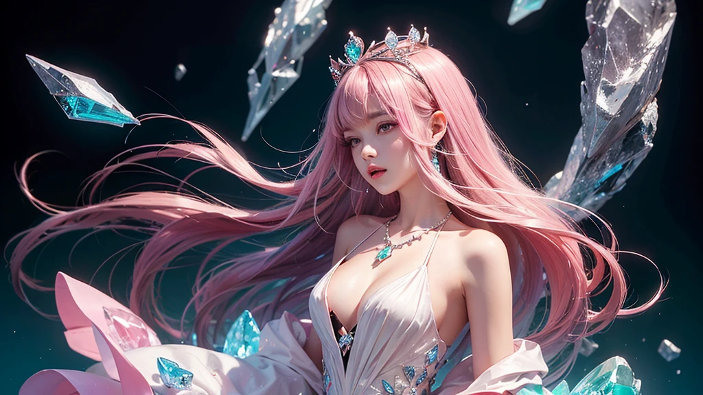 Highest quality,masterpiece,16K,One girl, bangs, Exposing shoulders, chest, Crown, crystallization, dress, From the side, gem,Colorful crystallizations,Crystal Headwear,There are many crystallizations on the clothes,Colorful Gradient Hair,カラフルなdress,Colorful crystals floating,Body crystals,Crystal Necklace,Colorful crystallization decoration,crystalline girl, Gradient Hair, jewelry, Long Hair, compensate, medium chest, Multicolored Hair, Pink Hair, alone, tiara