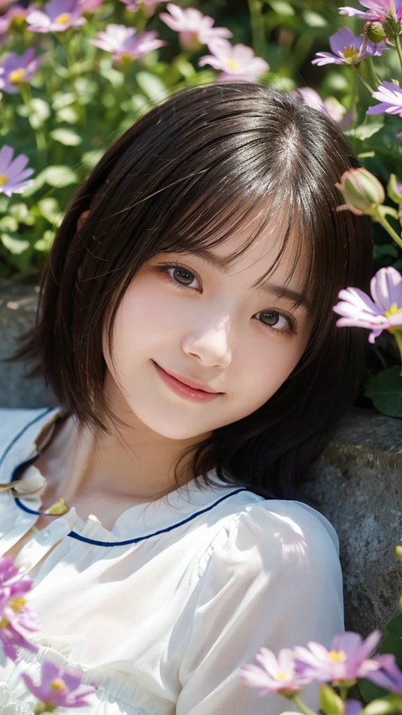(highest quality,masterpiece:1.3,ultra high resolution),(Super detailed,caustics,8k),(photorealistic:1.4,RAW shooting),(girl lying in a flower field),18-year-old,cute,Japanese,black short hair,look up at the camera with a smile,white blouse,(big ),bust up shot,(high position),(high angle),face focus,(face close up),bright light,Natural light,professional writing