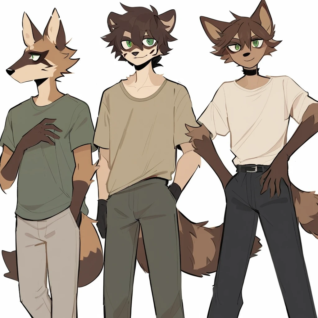 raccoon boy monster tan fur with brown stripes dark brown short hair brown rectangular face tattoos dark green eyes long pointed brown ears with a brown fluffy tip tail with brown stripes wearing a baggy shirt, trousers and short brown gloves