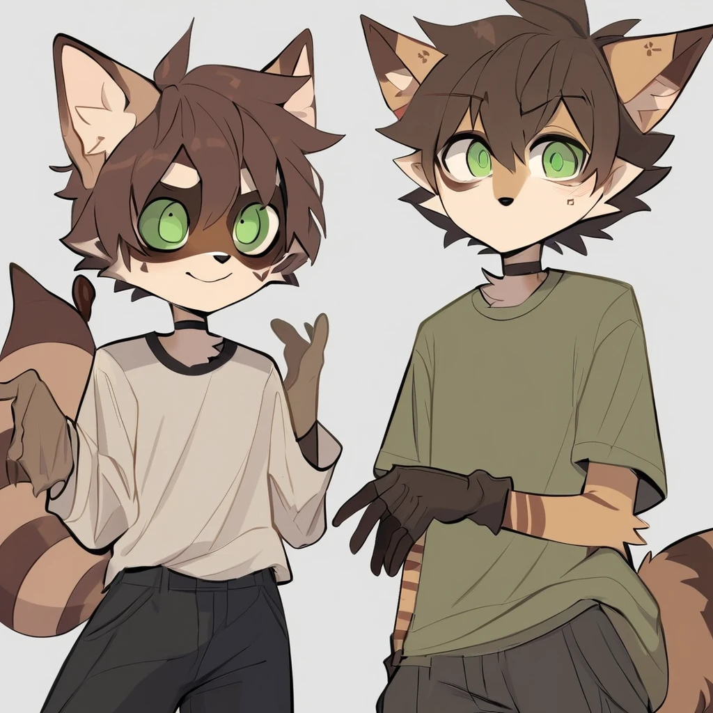 raccoon boy monster tan fur with brown stripes dark brown short hair brown rectangular face tattoos dark green eyes long pointed brown ears with a brown fluffy tip tail with brown stripes wearing a baggy shirt, trousers and short brown gloves