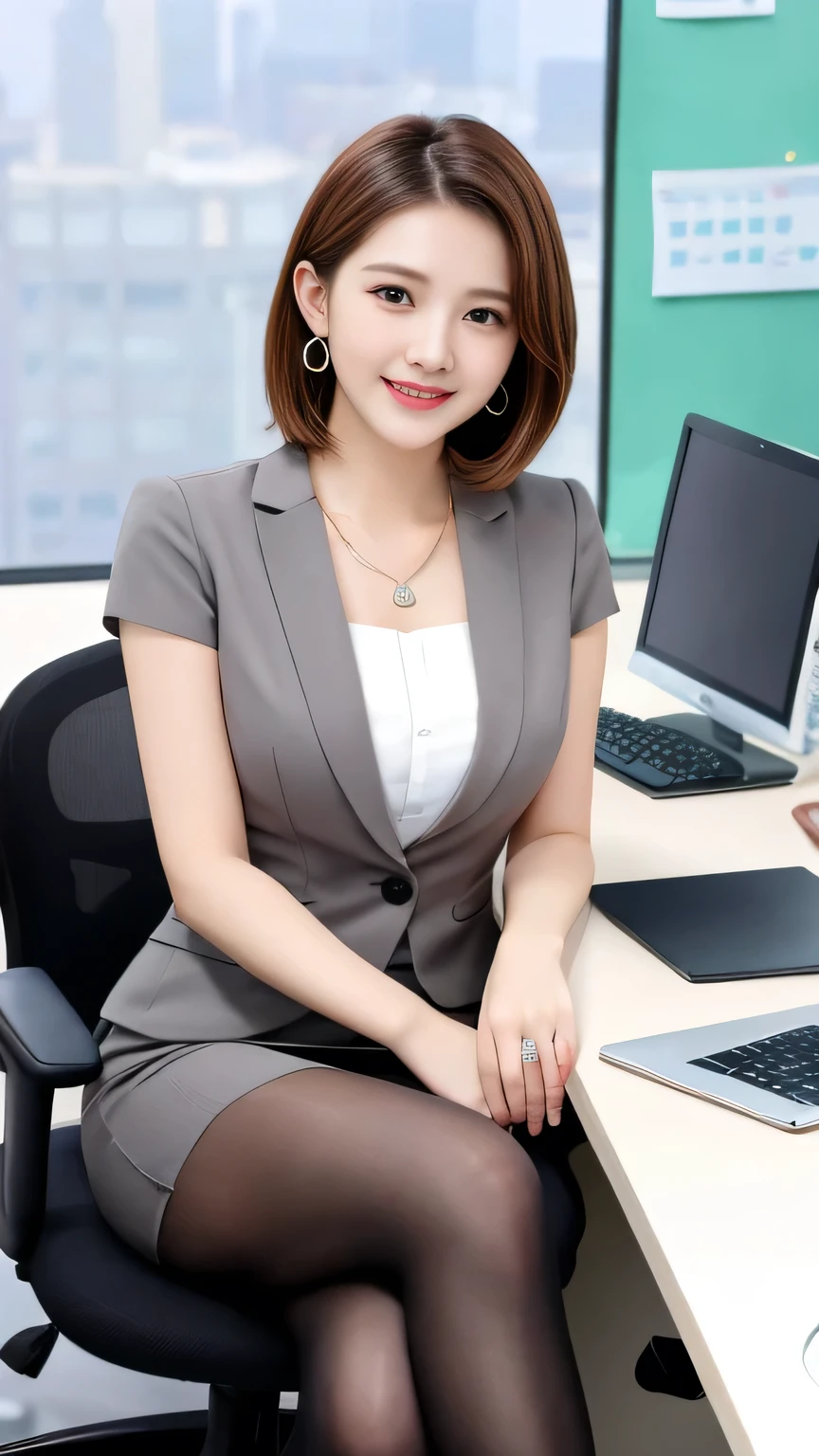 Highest quality:1.2), RAW Photos, High resolution, Very detailed, Intricate details, Woman sitting in office chair、Full body photo、Short Haircut、、ear piercing、smile、Beautiful teeth alignment、Light brown hair、Clear beauty,(High quality fabric, Office Lady Suits 、Tights with knee-length skirt、pumps)、Necklace around the neck、, The background is the office