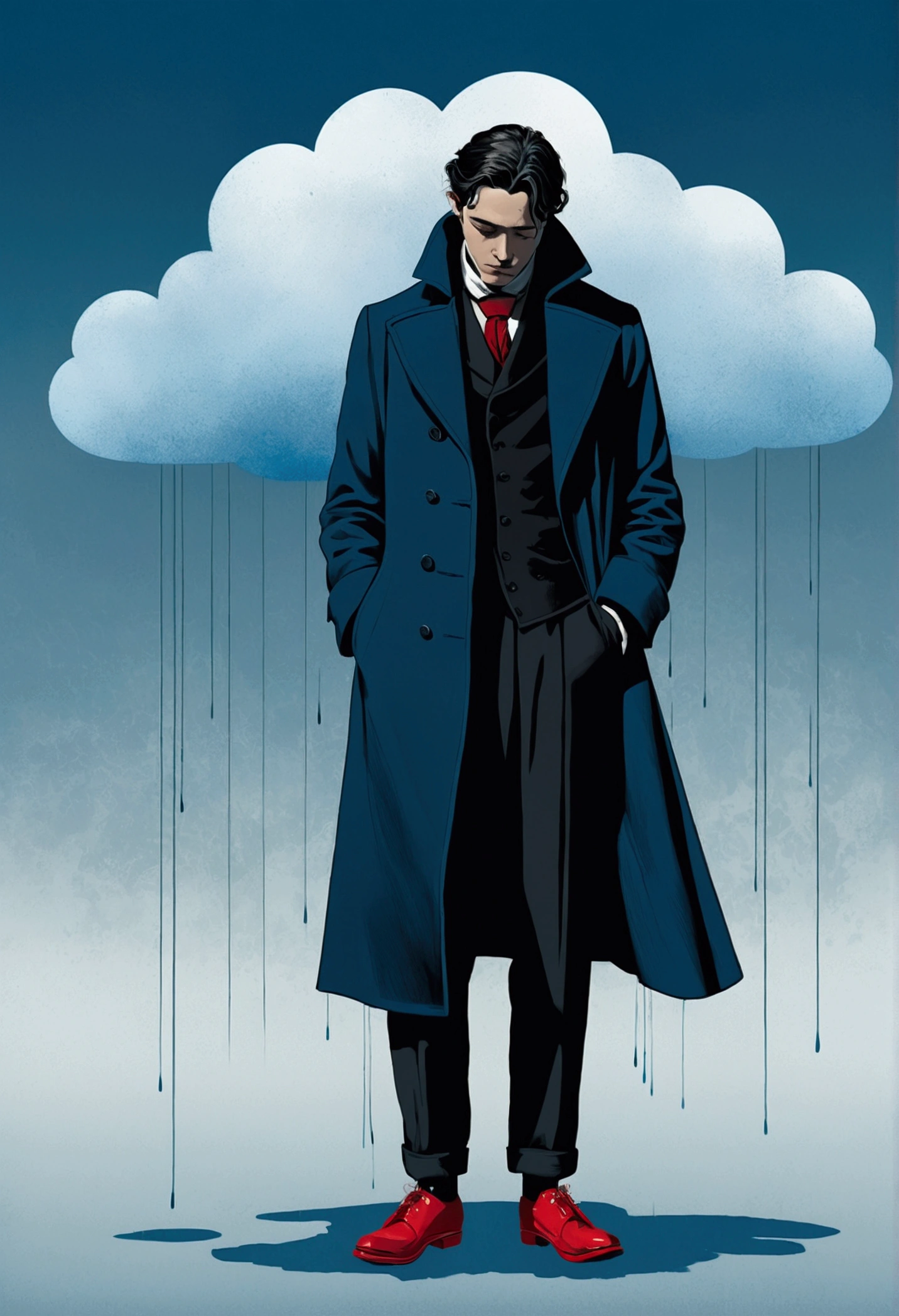This illustration, designed in a 19th-century style with loose brushwork, light and atmosphere, is a digital art piece featuring a single person centrally placed against a blue background. The background is uniform blue, providing a consistent tone. The central figure wears a black coat and red shoes, looking downward with a slumped posture. Above his head is a small gray cloud, giving the impression of rain. In the background, four vague blue silhouettes suggest movement around him. The illustration emphasizes perception and sensation, focusing on movement and energy. The blue tones highlight coldness and isolation.