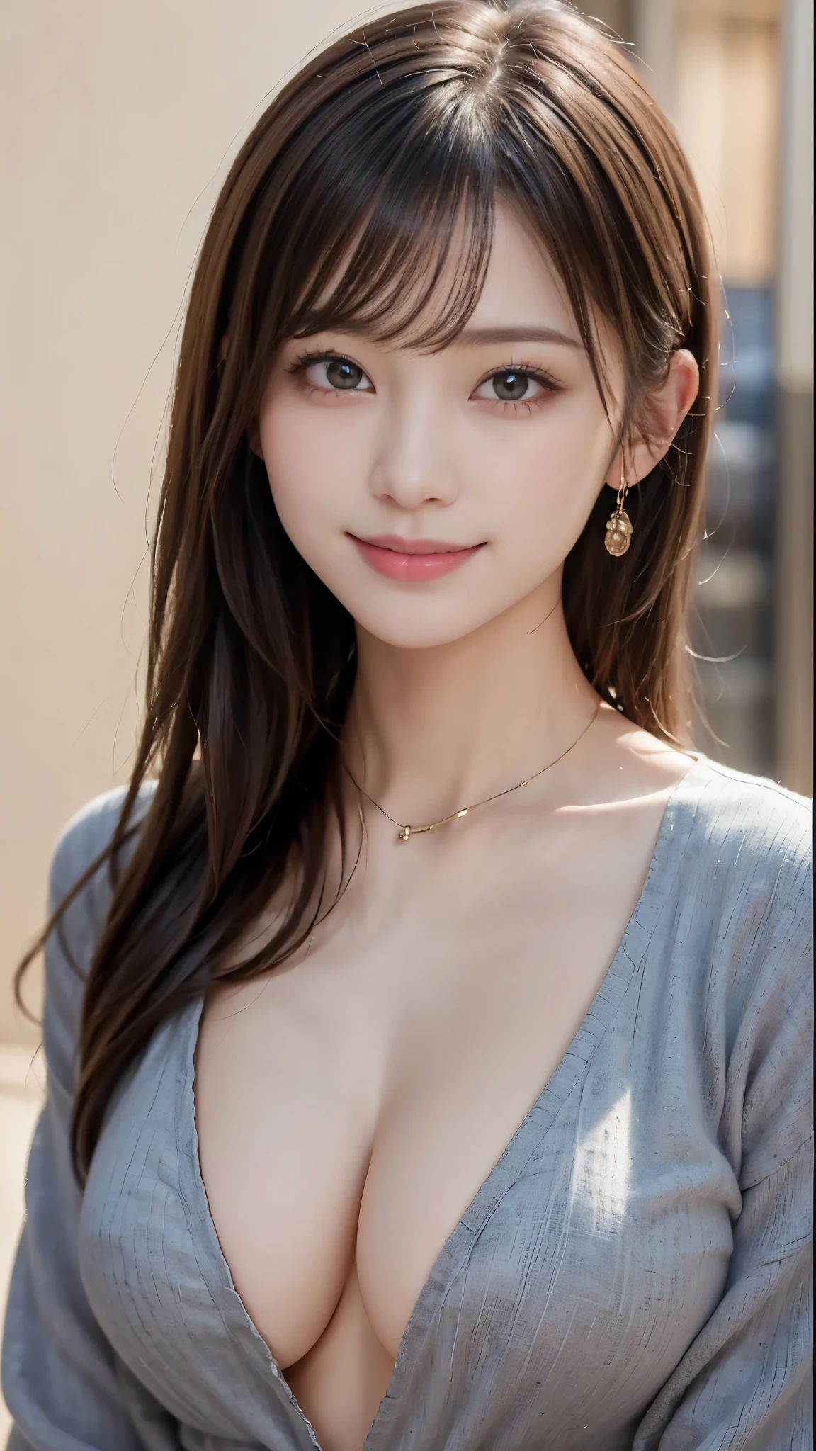 ((shirt、Highest quality、Masterpiece、High resolution))、(((Zoom photo of upper body)))、(A shy smile:1.2)、One Woman、Beautiful Skin、Beautiful Eyes、Cleavage、Trimmed bangs、ponytail、Black Hair