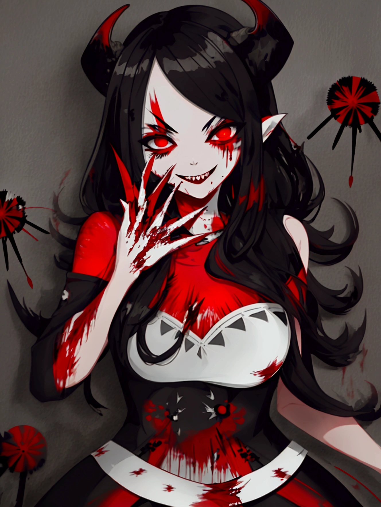 (Highest quality,4K,High resolution,masterpiece:1.2),Very detailed,Realistic:1.37,Spooky altar background,Dark fantasy,Red color scheme,Ominous atmosphere,Eye-catching,Storytelling,anatomy,Anime Style,Concept Art,beautiful細部までこだわった顔と (((Red eyes ))),Terrifying Ritual ,Satanic Ritual,Untimely Death,Unjust act,Crazy Smile,Scythe Face,Girl Monster, beautiful, Delicate facial features, Sharp Eye, Sharp Fangs, Pale skin, Thick chain, Dark Background, Cinema Lighting, Dramatic Shadows, Gothic style, Gloomy atmosphere, Dark fantasy, One Girl, , Please open your mouth wide, Open your mouth and baring your teeth,Sharp teeth like a beast, Wide lips, very wide mouth, Vermilion cheeks, ,(Blood splatter:1.4),Scary smile, laugh at,Fallen angel design, Twisted smile、Bloodstained、bleeding from the head,,、Blood splatter、,(Blood splatter:1.4),Crossbones, skull,Horror Style, ((Fantasy Fallen Angel Costume)), ((Flowing black hair)), ,(Blood splatter:1.4),Female curves, Sexy flat stomach, Perfect hands, Perfect anime face, ((White ta Dress)), Are standing, ((Wicked Smile)), ,(Blood splatter:1.4), Steam circulates, Moonlight Illumination, night lighting, disaster々new devil horns,,(Blood splatter:1.6),アニメFallen angel design, Twisted smile、Bloodstained、bleeding from the head,,、Blood splatter、,(Blood splatter:1.4),Crossbones, skull,Gothic architecture、Western architecture、Fantasy World、,Victorian cities, Skeleton Gaslight,