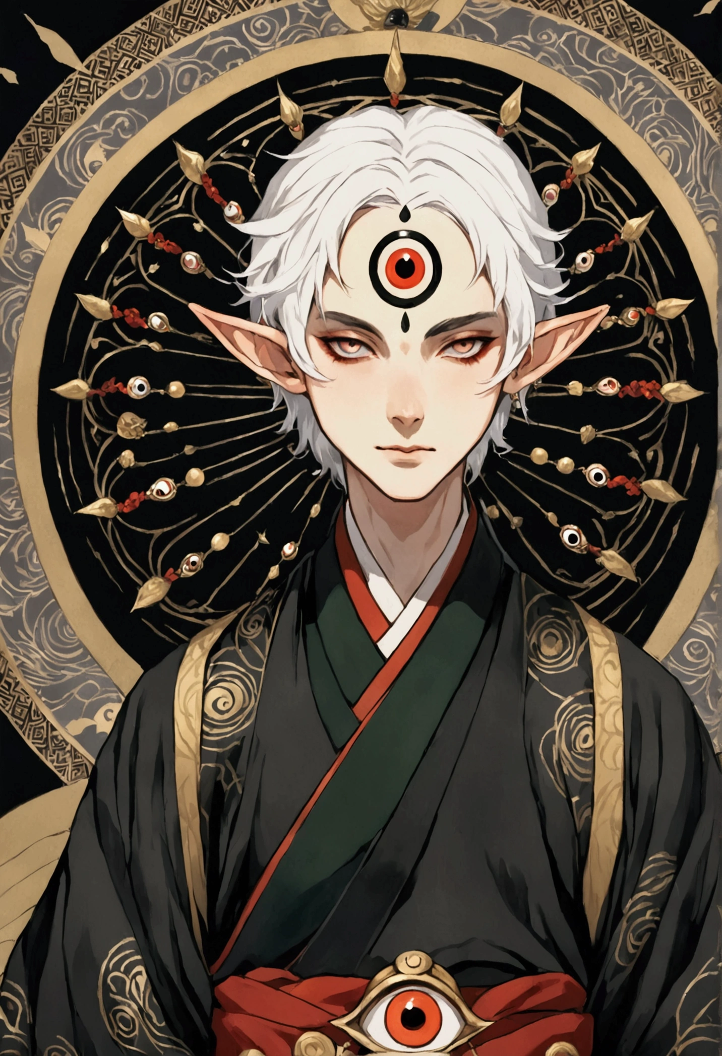 Dark illustration，(((1. Boy Prince，独奏，third eye on the forehead，Dark eyeshadow.Middle-parted white hair-super short hair，Elf ears))),(((Japanese clothing：1.6))).whole body