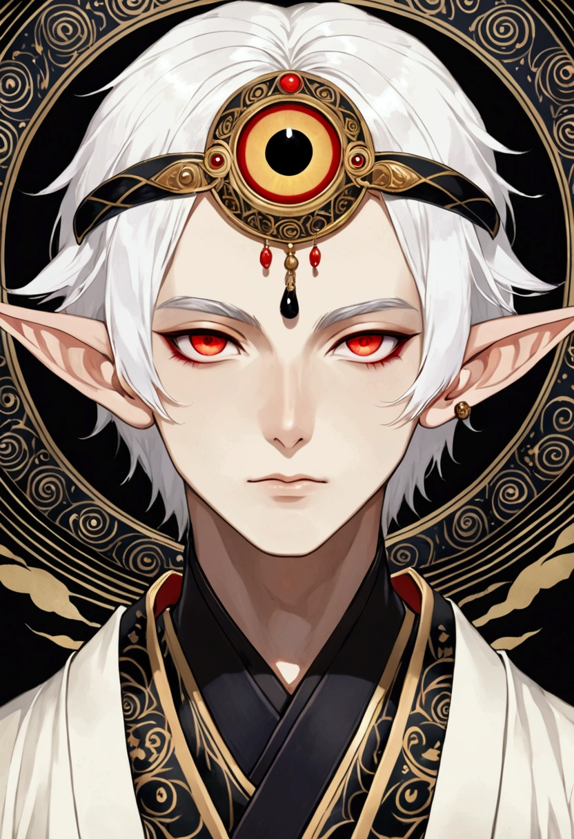 Dark illustration,(((1. Boy Prince,独奏,third eye on the forehead,Dark eyeshadow.Middle-parted white hair-super short hair,Elf ears))),(((Japanese clothing:1.6))).whole body