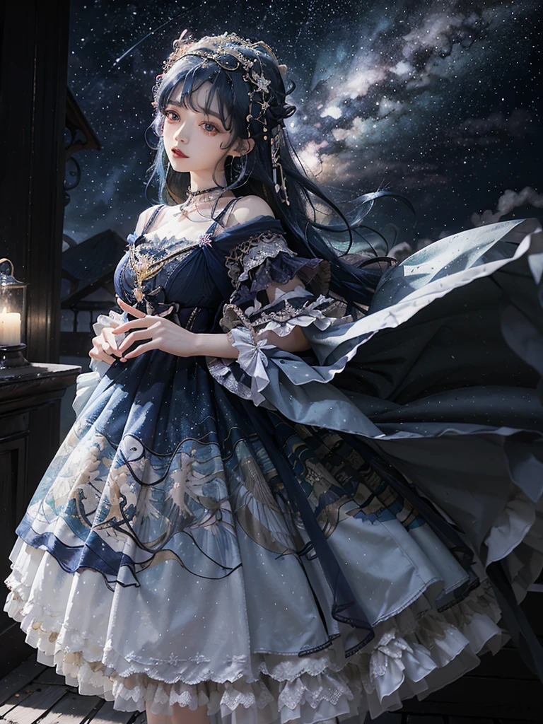 Ultra HD、A beautiful blue-haired character、Big eyes like a 、Red burning cheeks、Night scene with starry sky background、Wearing a gorgeous dress、Subtle details、A fantastic atmosphere、Anime style