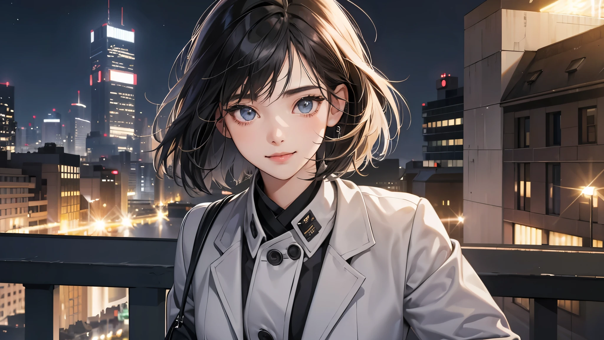 perfect anatomy:1.2)(absurdres, highres, ultra detailed),masterpiece,best quality,high resolution,8k,Realistic face,Realistic skin texture,magnified textures, stunning clarity,detailed anime girl,(ultra detailed eyes and face),(1 girl:1.2)21years old,she is office worker,,smile:1.2,black hair, bob cut,natural make,grey jacket,grey pants,black brouse,sparkling eyes.small nose,roundface,just left the office when it was time to leave,night,bussines district,she is walking,looks happy,feeling freedom