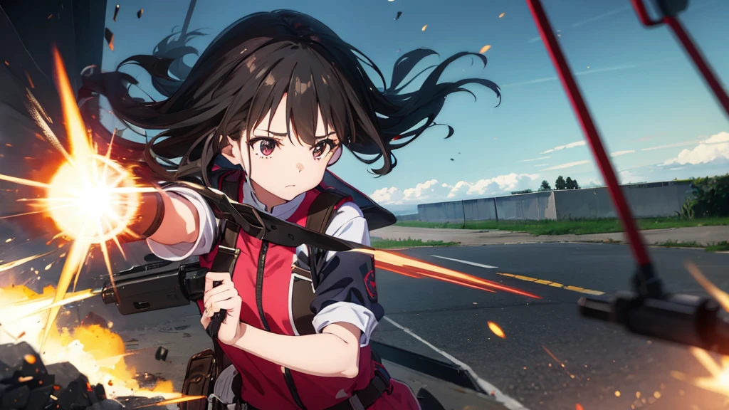 Girl shooting at the battlefield。Black Hair。