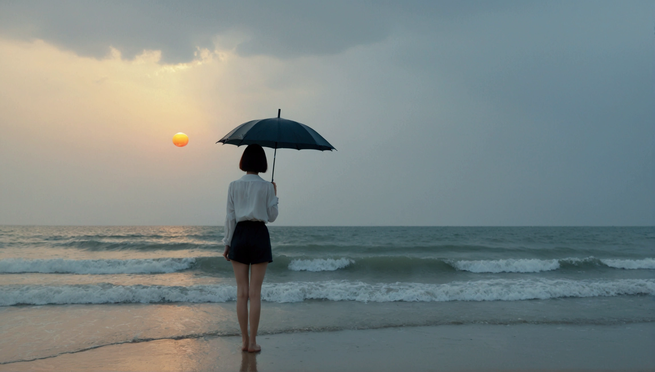 8k, Vivid picture quality, Vivid picture quality, long deserted beach, From a distance with a wide angle lens, Short hair, beautiful appearance, Model-like body, sunset의 붉은 빛, sunset, alone, afternoon, depressed, tide가 밀려온다, rain, medium size black umbrella, ocean, tide, wind, rain가 내리는, Short and slim Korean woman, Clear picture quality, tower, White shorts, rain가 내리는, Looking to the side with a black umbrella, The red sun goes into the sea, Short hair