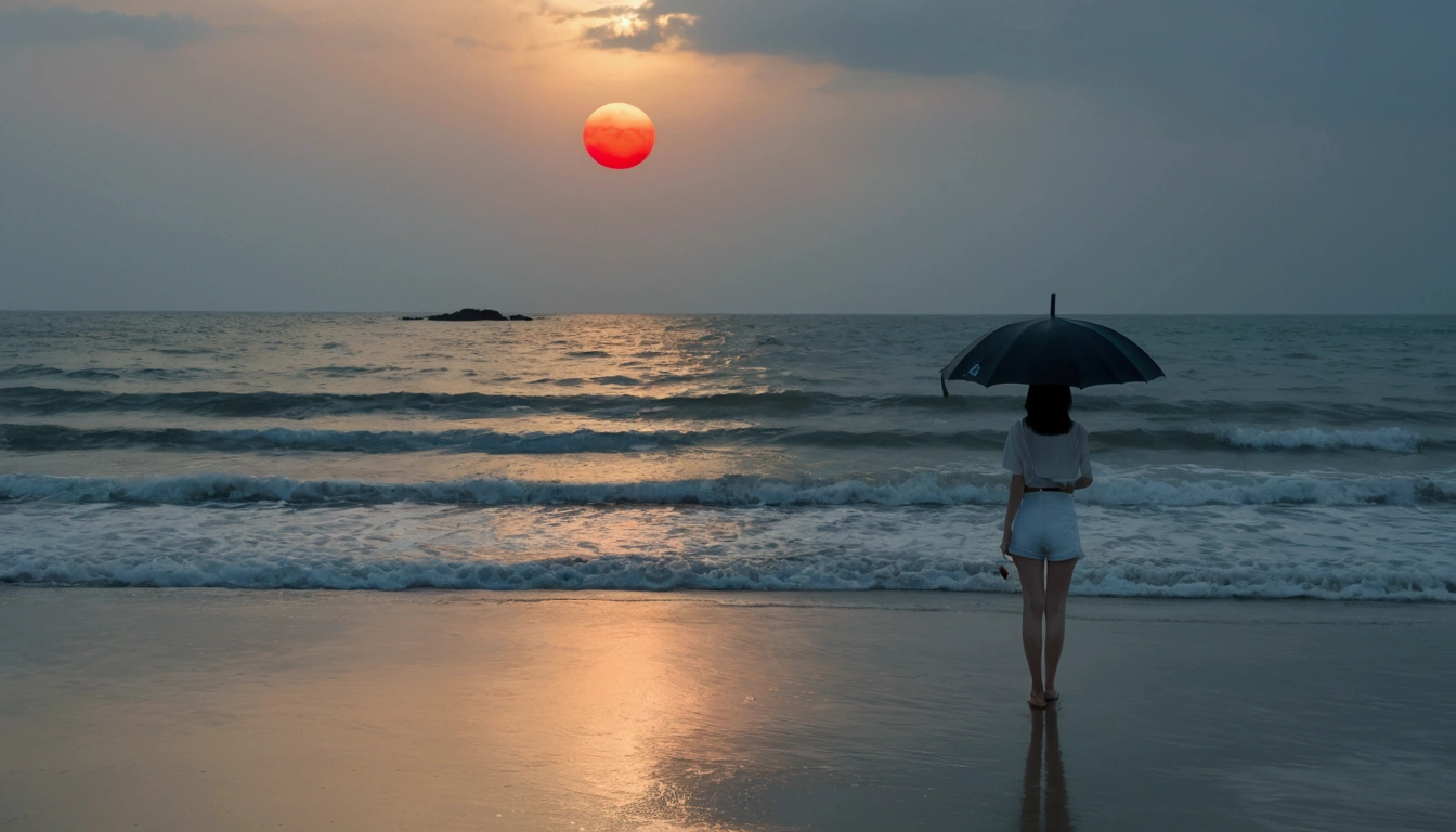 8k, Vivid picture quality, Vivid picture quality, long deserted beach, From a distance with a wide angle lens, Short hair, beautiful appearance, Model-like body, sunset의 붉은 빛, sunset, alone, afternoon, depressed, tide가 밀려온다, rain, medium size black umbrella, ocean, tide, wind, rain가 내리는, Short and slim Korean woman, Clear picture quality, tower, White shorts, rain가 내리는, Looking to the side with a black umbrella, The red sun goes into the sea, Short hair