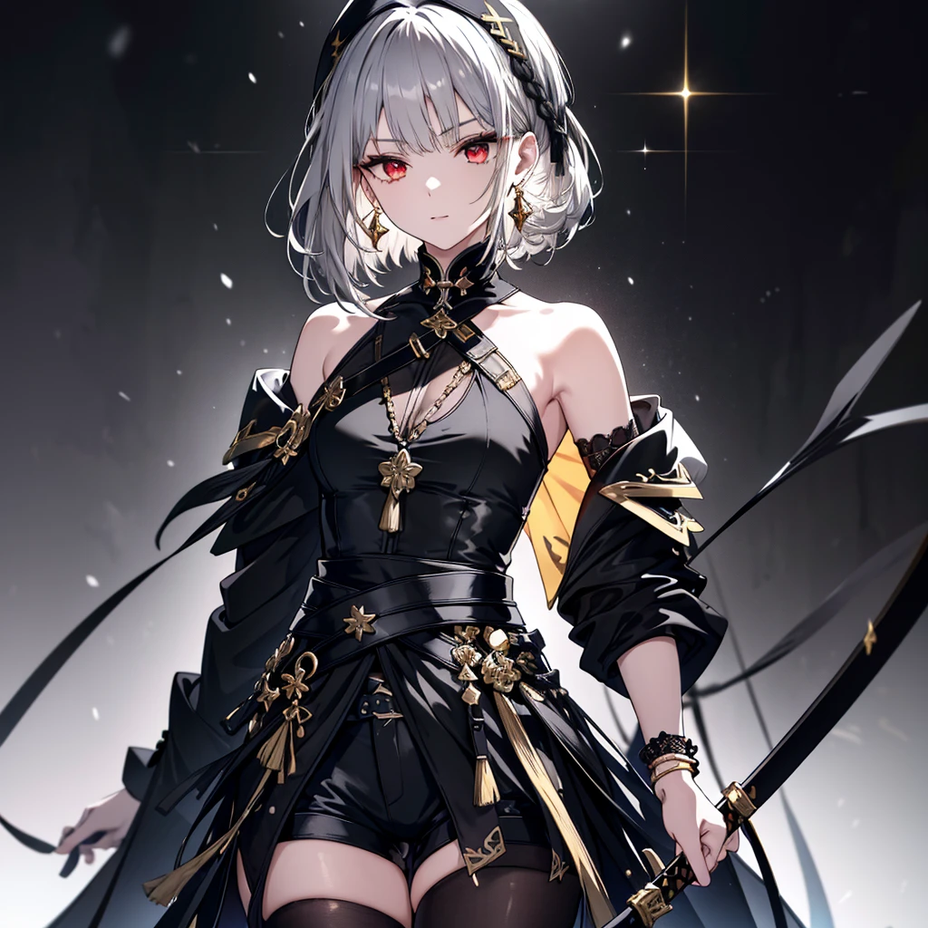 8k,High resolution RAW color art,Anime Art,Silver Marble Skin, (((Very detailed and cool))), Detailed skin, Bokeh、texture,(Exquisitely crafted, The finer details, Ultra-detailed art), (((1 girl))), Depth of written boundary, Silky Touch, Hyper Detail, (((Cool face))), eye shadow、Armed women, Beautiful detailed red eyes, Beautiful lip detail, Highly detailed face, Delicate depiction of hair and eyes, Detailed Fashion, Golden Earrings,Full body depiction, Black half top、(((Shoulder Bare)))、Black shorts、Waist Cloak、black tights、Golden decoration, Grey Hair, Golden bracelet, Straight Hair、Short Hair、(((Hair)))、Simple Background、(((Black theme)))、snow、Side view、Draw your sword（Black sword）、look down、cloth、Clear face
