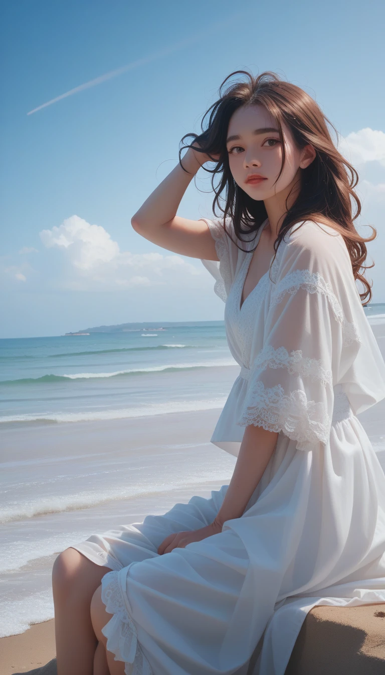 score_9_up, score_8_up, score_7_up, score_6_up,(Optimal lighting, Best shadow, masterpiece, high quality), rich and colorful, Lively, Summer Feeling, Many bright colors, Beautiful woman in light summer clothes, Loose hair, Sitting in the clear sea water、White sand beach, Bright blue sky.