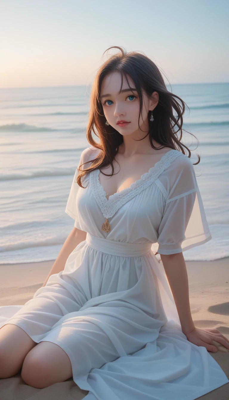score_9_up, score_8_up, score_7_up, score_6_up,(Optimal lighting, Best shadow, masterpiece, high quality), rich and colorful, Lively, Summer Feeling, Many bright colors, Beautiful woman in light summer clothes, Loose hair, Sitting in the clear sea water、White sand beach, Bright blue sky.