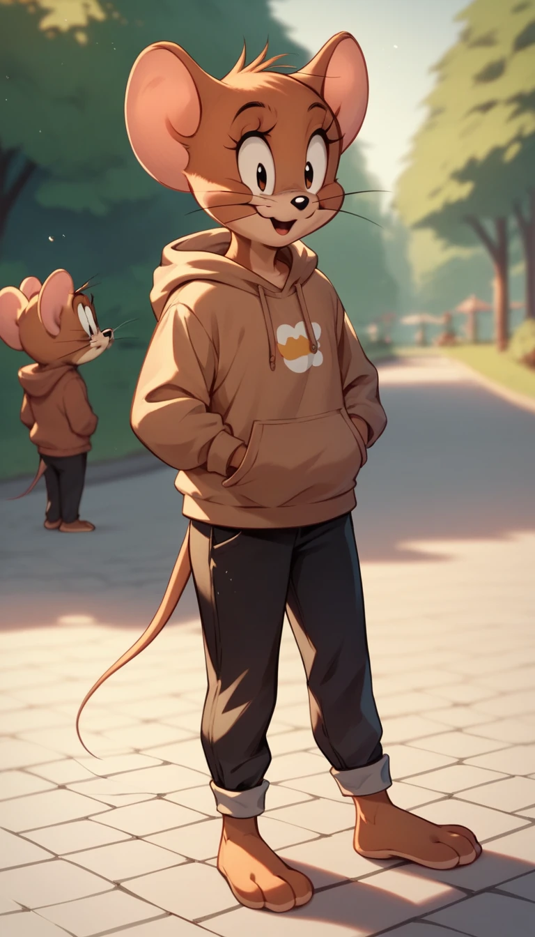 Fraction_9, Fraction_8, Fraction_9, Jerry, mouse, outdoor, Lovely,Brown hoodie,Black pants,whole body