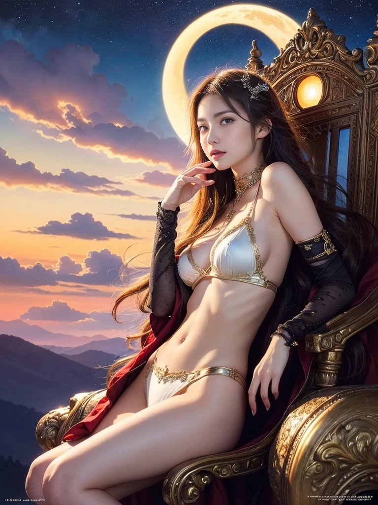 ((Highest quality)), ((masterpiece)), (detailed), Seductive Succubus, Heavenly Beauty, Sit on the clouds, (Fantasy Illustration:1.3), Captivating Gaze, Seductive pose, The charm of another world, Mystical Sky, (Luis Royo:1.2), (Yoshitaka Amano:1.1), Moonlit Night, Soft colors, (detailed cloudscape:1.3), (High resolution:1.2)