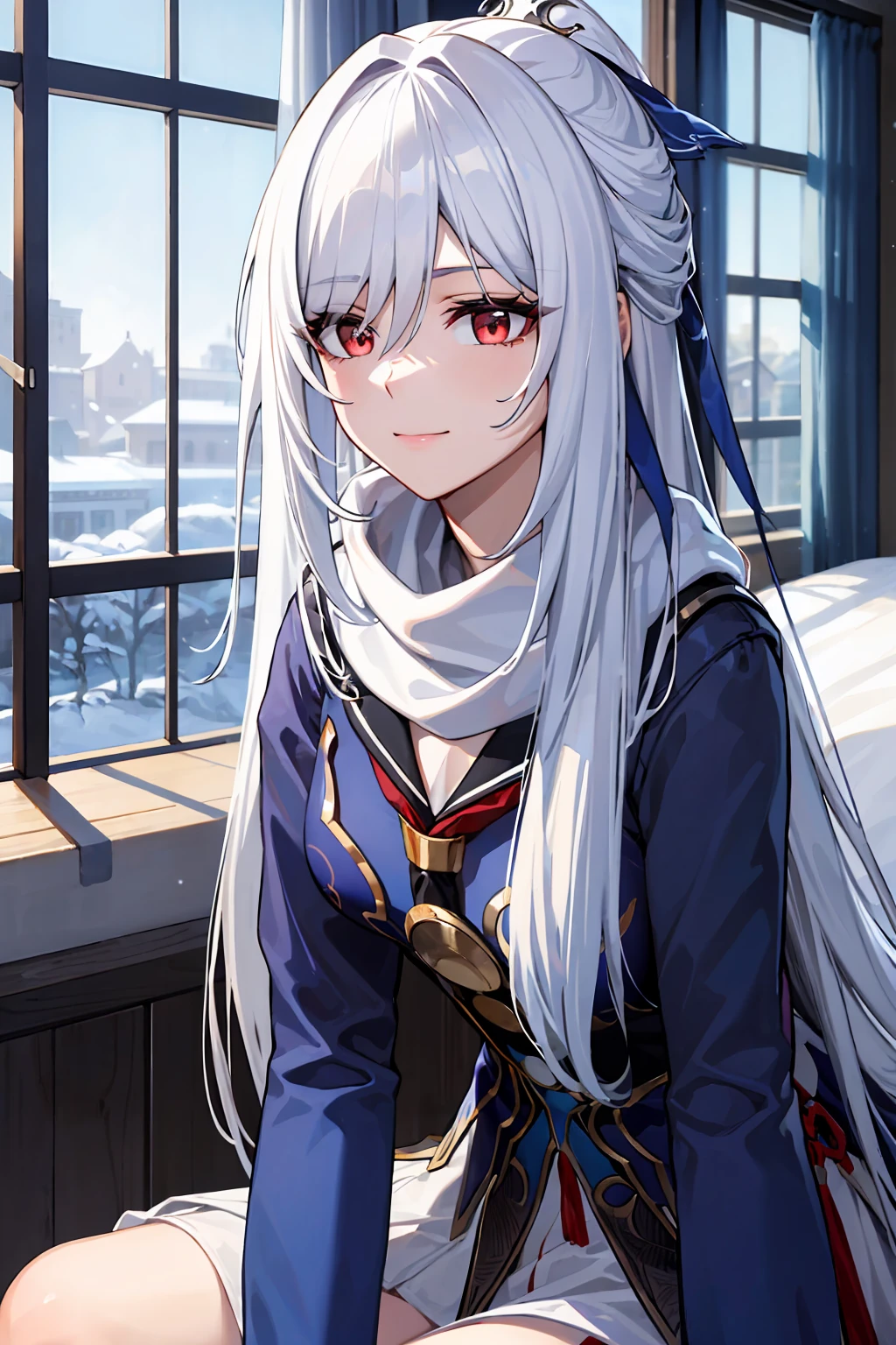 masterpiece, best quality, JingliuV5, white hair, long hair, red eyes, white dress, white sailor collar, white scarf, sitting on bed, indoors, bedroom, windows, blue sky, winter, snow, warm smile, upper body. closed mouth,