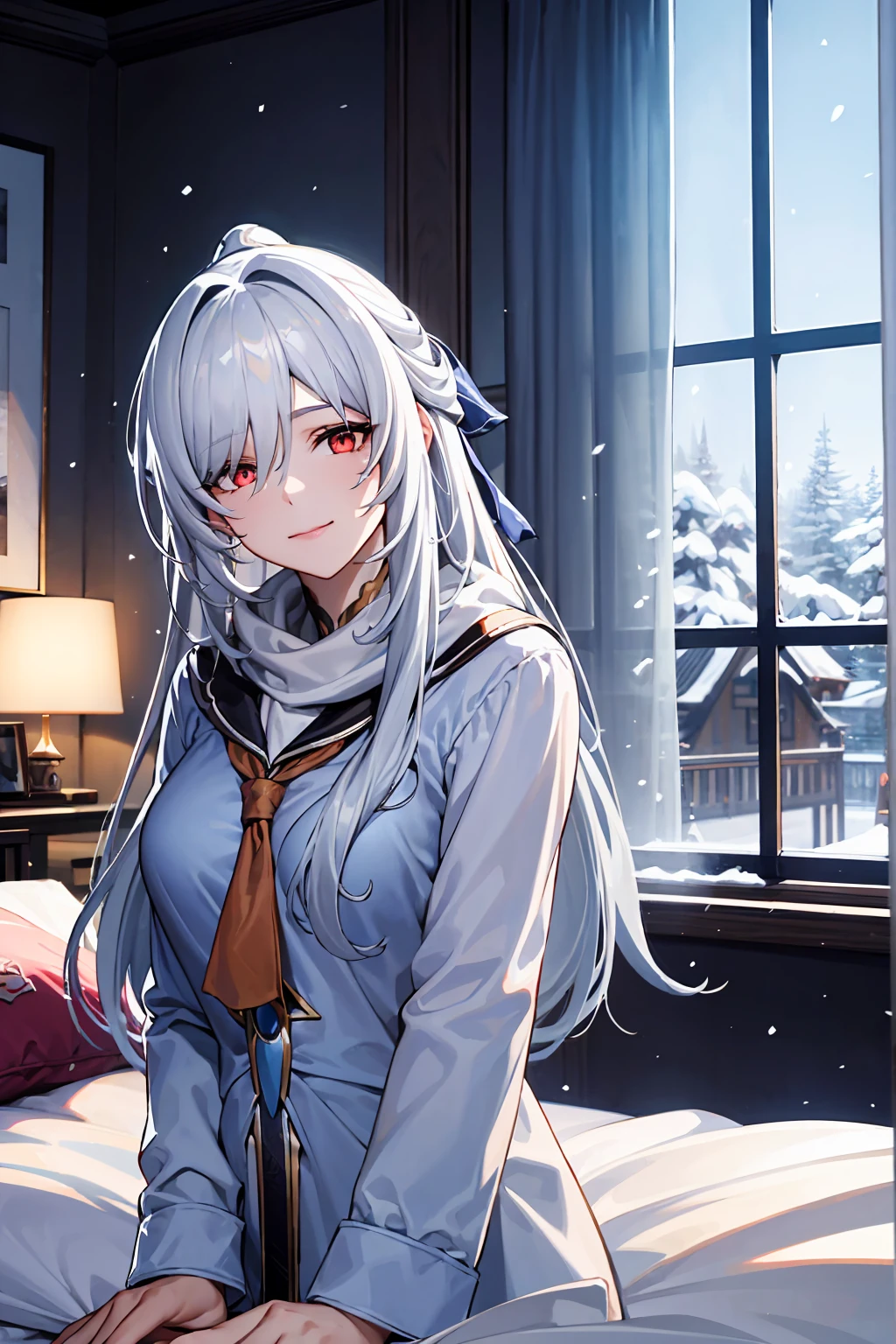 masterpiece, best quality, JingliuV5, white hair, long hair, red eyes, white dress, white sailor collar, white scarf, sitting on bed, indoors, bedroom, windows, blue sky, winter, snow, warm smile, upper body. closed mouth,