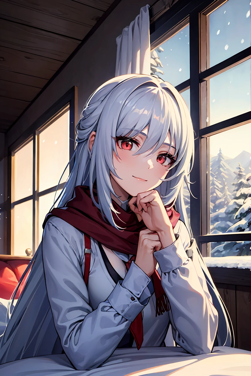 masterpiece, best quality, JingliuV5, white hair, long hair, red eyes, white dress, white sailor collar, white scarf, sitting on bed, indoors, bedroom, windows, blue sky, winter, snow, warm smile, upper body. closed mouth,