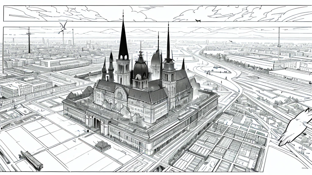 ((line-drawing)), comic strip, (((monochromes))), illustration, manga style, bird eye view of Berlin during World War 2, german archtecture, (((bird eye view))), ((black and white, monochromatic)), floating rocks, covered in fog, manga background, masterpiece, Best Quality, Super Detail, dark fantasy,
