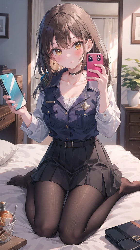 (8k, best quality, master piece: 1.2),super high resolution,1 girl, 独奏, cowboy shot ,ultra-detailed face, Selfie、Reflection in the mirror、Police Officer、skirt、Fishnet tights、semi-long、Brown、Private room、bed、wariza, hand between legs, Collarbone