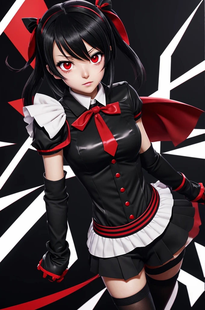 A female character in the anime My Hero Academy with black hair and blood-red eyes, Quirk power is through black pear and darkness (it looked like a glove covered with black pear) Appearance is a short white high collar shirt, black shorts, Black shoes with high collars and ribbons around the neck.