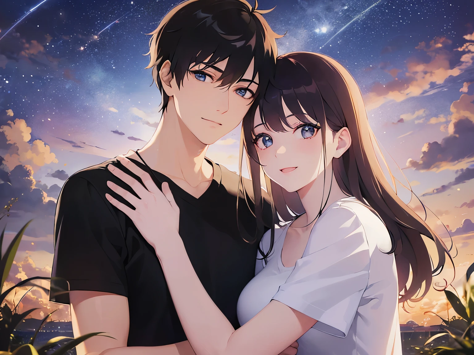 Smiling couple hugging each other、Night Sky、grass、Park Realistic, real person, (pale skin: 1.2), RAW photo, photorealistic, shiny skin, shiny hair、
BREAK(A 25-year-old woman with medium-length hair and bangs) and (wavy hair) and (brown hair) and (Orange Eyes)、(white) and (T-shirt) and (v neck) BREAK,smile,
shiny skin, masterpiece、Highest quality、BREAK(25-year-old male:1.5) and (Black short hair) and (blue eyes)and(black) and (T-Shirts)BREAK,smile,Gazing at each other