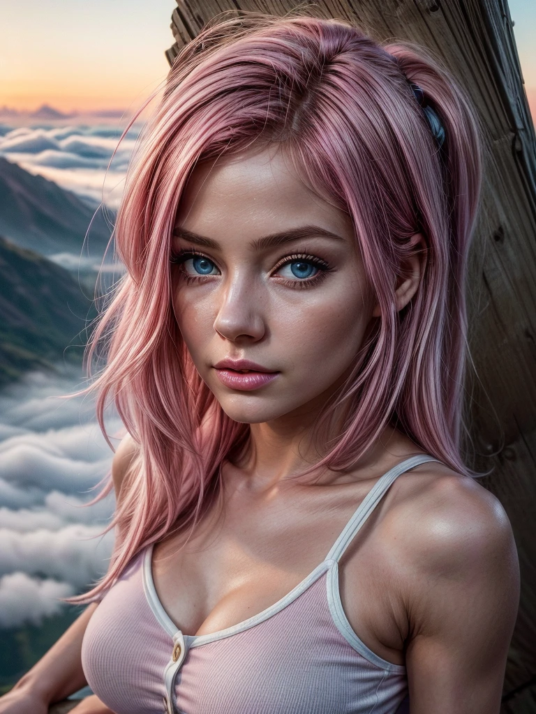 ultra realistic professional full body camera (((pink hair))) (photo 1028k qhd) by (James C. Christensen:1.2|Jeremy Lipking:1.1), (Dittmann Anna:0.3), (jiner:0.3), (mise au point nette:1.3) lndswgnr,High detail, instagram top model,pink hair, beautiful detailed baby blue eyes, k eyes,(eye makeup:1.2) sleeping Pose of the Instagram model, perfect button nose, attractive lip shape has an upper-to-lower lip ratio of 1:2, perfect ivory skin confiant, (((anatomycally perfect 25 old ladie hand,finger, nail))),fille en forme Fille maigre et sexy, breast:1.2, anatomie parfaite, Perfect symmetry:1.2, Realstic position, realistic and gorgeous face:1.2, perfect face, highly detailled, happy, confident, ighting cinematic, Lighting scene, soft lights, instagram standing pose (((baby blue eyes,, Fille maigre et sexy, breast:1.2 perfect charming face, attractive lip and nose, (Best Quality, hyper realistic photography), Magnificent mountain, sea of clouds, A woman watching the sunset, selfee, ((UPPER BODY)), white t-shirts, Trekking shorts, trekking boots, rucksack, (ultra delicate face, ultra Beautiful fece, ultra delicate eyes, ultra detailed nose, ultra detailed mouth, ultra detailed facial features), Beautie,