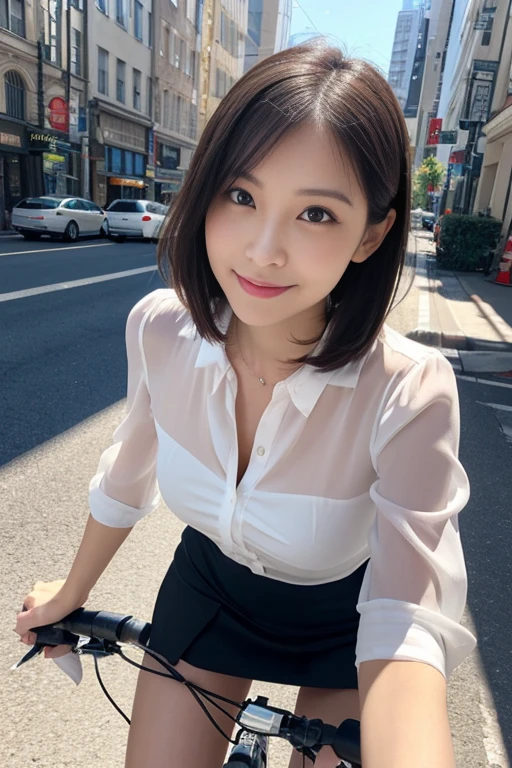 (Raw photo), (Photo realistic), (masterpiece), (Highest quality), High resolution, 8K resolution, (Exquisite detail), (Volumetric Light), a woman, Age 35, short hair, Straight Hair, Brown haired, very skinny, Very white and translucent skin,Highly detailed eyes, Source Order, Very fine eyebrows, eyelash,Highly detailed skin, Highly detailed mouth, Highly detailed nose, The best beauty,Cute like an idol, Smile, (An elegant and transparent white blouse), Random Body Orientation,medium breasts,Beautiful Japanese office lady, White blouse,Super mini pleated skirt, Lace Pantyhose, Random Color, Cute face, Real Light, Correct Anatomy, Riding a bicycle 1.4、city bicycle, on the saddle、both hands grips handle, Pedaling, Angle 1 from below.4、(((Low angle 1.4))), In the city, There is a strong headwind, Skirt flips up, pantie is visible, beautiful long legs, from below
