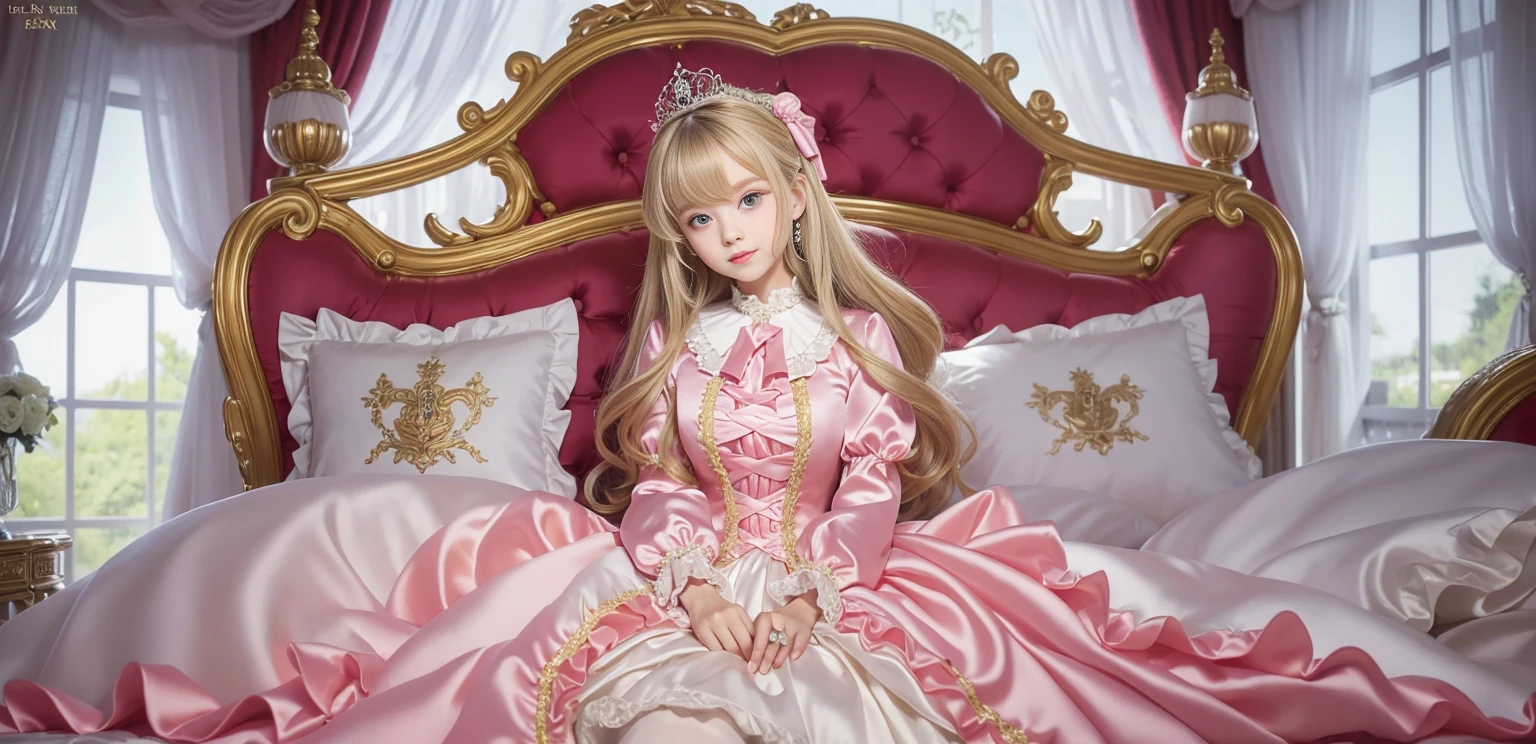 ,highest quality, masterpiece, highest resolution, artwork, super それにget used to it, many get used to it, get used to it, それにget used to it, 3K ultra-high resolution realistic photos,,(( When I was 10 years old)),Super detailed baby face,She is a princess,Full length ball gown dress with hoop skirt,ruffle yoke collar,puff sleeves,long sleeve,((lolita style hot pink princess satin dress、Comes with lots of frills and ribbons。)),colorful rococo fashion,shiny satin dress,Soft and smooth fabric,luxury,long blonde hair,blue eyes,white skin european,pajamas,((inside the palace)),,,(( When I was 10 years old)),Super detailed baby face,Full length ball gown dress with hoop skirt,long skirt,ruffle yoke collar,puff sleeves,腰まで伸びるlong blonde hair,blue eyes,white skin european,pajamas,((Inside the castle bedroom)),ピンクのシルクサテンのluxuryなcanopy bedの上,canopy bed,luxurious curtains under the canopy,many frilly pillows on the bed,super detailed background,detailed bed,silk satin bed sheets,soft silk satin comforter,Soft silk satin ruffled pillow in pastel colors,little princess is sitting on the bed,((((large ball gown dresses that completely cover the legs)))),((((legs are hidden in the dress,Don'Don't put your feet out to the side)))),Beautiful girl illustration,detailed beautiful face detailed hair,detailed human eye ,detailed mouth, arm details,fine hands,Detailed pillow,Frilly pillows piled up behind the girl,